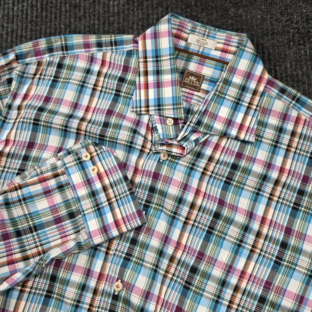 Peter Millar Button Down Shirt Mens Large Multi Color Plaid Excellent Cotton L/S
